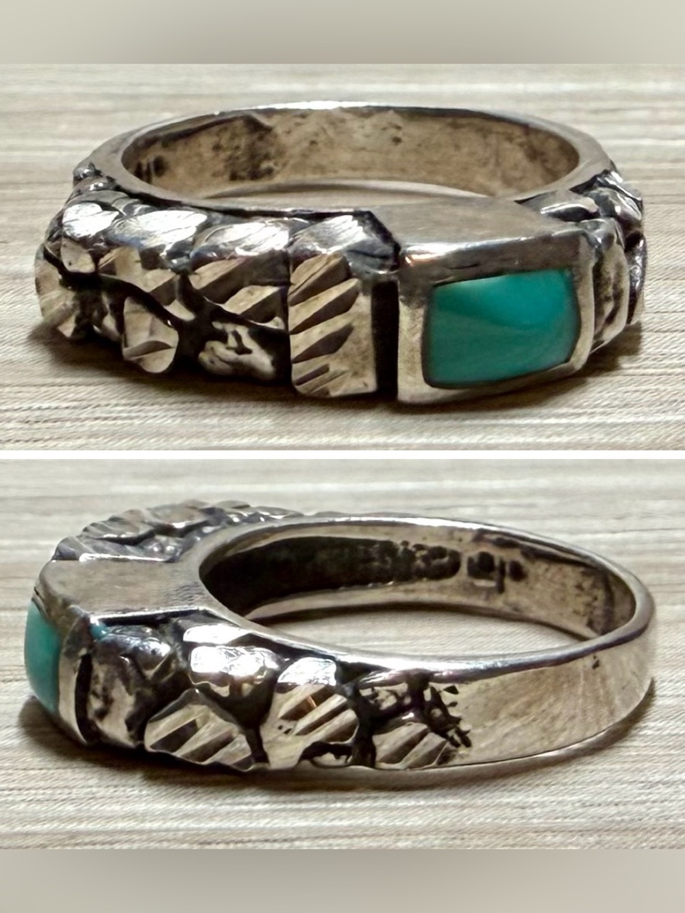 Vintage Designer Signed Brutalist Sterling Silver Turquoise Band Ring, Size 4.75
